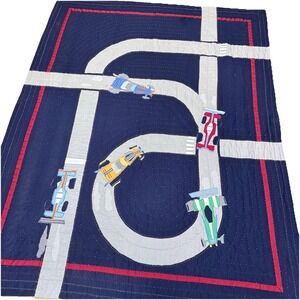 Pottery Barn Kids RACE CAR Twin Quilt  Navy Grey Red 86x68" Rare